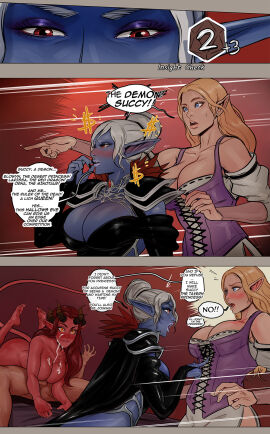 1boy 3girls arwen_(cherry-gig) bare_shoulders black_cape blonde_hair blue_eyes blue_skin blush breasts cape cherry-gig cleavage collarbone colored_skin cum cum_on_body cum_on_breasts cum_on_face demon demon_horns demon_tail detached_sleeves dialogue dice dress drow dungeons_and_dragons ejaculation elf elf_ears elf_female english_text facial female grey_hair highres horns large_breasts long_hair looking_at_another male multiple_females multiple_girls paizuri penis pointy_ears red_skin ribbon-trimmed_dress shoulder_plates sinafay_(cherry-gig) smile speech_bubble succubus succy tail text the_honeypot_(cherry-gig) tiefling titjob unseen_male_face white_hair yellow_eyes