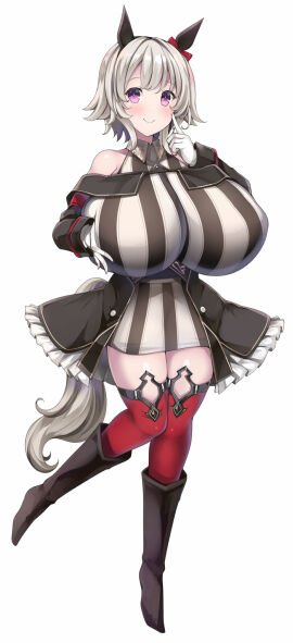 1girls bare_shoulders blush boots breasts breasts_bigger_than_head busty curren_chan_(umamusume) dress ear_covers female female_only full_body gloves holding_breasts holding_own_breast horse_ears horse_girl horse_tail huge_breasts massive_breasts pink_eyes short_hair smile solo top_heavy tsumugie umamusume umamusume_pretty_derby white_background white_gloves white_hair