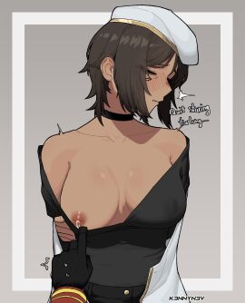 1girls black_choker black_shirt border breasts brown_hair choker closed_eyes coat collarbone dante_(limbus_company) dark-skinned_female dark_skin dripping embarassed female grey_background hat highres inverted_nipples k3nnyn3v lactation limbus_company loose_clothes mature_eyes medium_breasts milk nipples official_alternate_costume outis_(limbus_company) outis_(project_moon) project_moon shirt short_hair simple_background solo teeth upper_body white_border white_coat white_hat