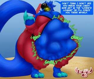 3_toes 4_fingers animal_humanoid annoyed anthro belly big_belly big_breasts big_feet blue_body blue_fur blue_hair bone bones_in_stomach breast_squish breasts canid canine claws clothed clothing cybernetics cyborg digestion digestion_noises feet fingers fur hair hi_res humanoid hyper hyper_belly hyper_breasts hyper_butt hyper_thighs jumpsuit long_tail looking_at_viewer machine mammal mammal_humanoid navel netflix onomatopoeia open_clothing open_jumpsuit open_mouth open_topwear protogen protogen_visor raised_finger sokoyo_owo sound_effects speech_bubble squid_game squish standing starry_(sokoyo_owo) struggling struggling_prey tail text toes topwear unwilling_prey vore yellow_eyes