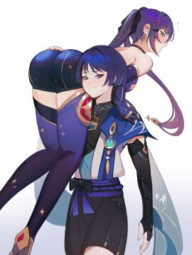 1boy 1girls angry annoyed ass ass_focus blue_eyes blue_hair blush bubble_ass bubble_butt carrying carrying_over_shoulder choker female genshin_impact male memeh mona_(genshin_impact) purple_hair scaramouche_(genshin_impact) shirt short_shorts shorts smug thighhighs twintails