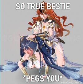 3d 3d_(artwork) augusta_(wuthering_waves) blush caption clothed clothed_sex clothes clothing dominant_female dubious_consent female female_focus female_only fucked_from_behind hair_pull hair_pulling implied_penetration implied_sex iuno_(wuthering_waves) larger_female meme shorter_female smaller_female strap-on strapon submissive_female taller_female wuthering_waves yuri