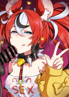 1boy :>= absurdres animal_ears bar_censor black_hair blue_eyes breasts censored collar commentary_request covered_nipples dark-skinned_male dark_skin detached_sleeves dice_hair_ornament female gozaru hair_between_eyes hair_ornament hakos_baelz hakos_baelz_(1st_costume) half-closed_eyes hand_up heart-shaped_pupils highres hololive hololive_english hololive_english_-council- hololive_english_-promise- interracial long_hair looking_at_viewer male medium_breasts mouse_ears mouse_girl multicolored_hair purple_background red_hair saliva shirt sleeves_past_wrists solo_focus spiked_collar spikes strapless strapless_shirt streaked_hair symbol-shaped_pupils twintails upper_body v_sign virtual_youtuber w white_hair white_shirt