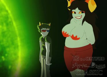 animated animated_gif aradia_megido arts_dingus bouncing_breasts breasts female floating gear homestuck horns looping_animation pasties sollux_captor space topless troll