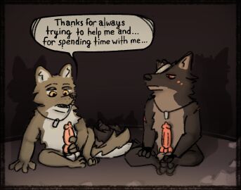 anthro bandage canid canine canis dialogue dog_tags duo genitals male male/male mammal masturbation penis speech_bubble tail tail_motion tailwag wolf