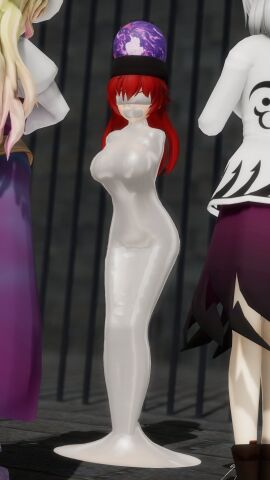 3d blindfolded captured female fgh098765 gag hecatia_lapislazuli latex red_eyes red_hair sagume_kishin touhou