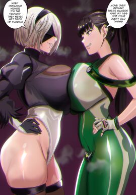 2girls absurdres alternate_breast_size_(larger) android bare_shoulders black_hair black_thighhighs blindfold breast_press breasts breasts_squeezed_together brown_eyes crossover english_text eve_(stellar_blade) female_focus grey_hair hairband hands_on_own_hips highleg highleg_leotard highres huge_breasts impossible_clothes juuka leotard medium_hair mole mole_under_mouth multiple_girls nier:_automata nier_(series) planet_diving_suit_(7th)_(stellar_blade) ponytail shiny_skin skin_tight speech_bubble stellar_blade symmetrical_docking thighhighs thighs trait_connection yorha_2b