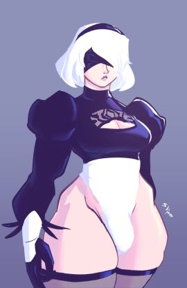 1futa breasts bulge cleavage clothed clothing flaccid fully_clothed futa_only futanari human intersex leotard light-skinned_futa light_skin nier:_automata penis solemnviper solo standing thick_thighs thighhighs wide_hips yorha_2b