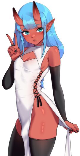 1futa aqua_eyes arm_sleeves black_armwear black_thighhighs blue_hair bulge clothed clothing djwhiteboooty dress ear_piercing elbow_gloves flaccid flat_chest freckles fully_clothed futa_only futanari gloves humanoid intersex long_hair oni oni_horns pelvic_curtain penis pointy_ears red_skin slit_pupils solo standing sui_(suikisses) thick_thighs thighhighs trans_woman transfem v_sign very_high_resolution white_background white_dress wide_hips
