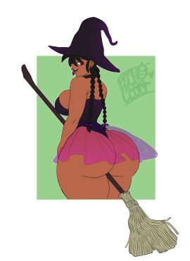 ass ass_focus ass_hanging_out ass_hanging_out_of_skirt broomstick costume dark-skinned_female dark_skin female halloween huge_ass looking_back mika_little_moon native_american native_american_female original_character pochoclogigi witch witch_costume witch_hat