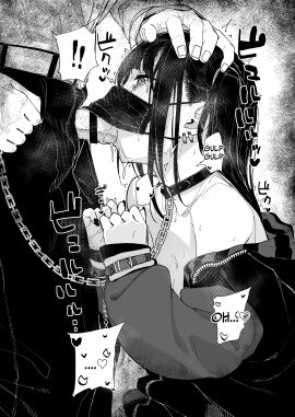 1boy absurdres animal_collar bar_censor bare_shoulders belt bondage bound bound_wrists breasts censored chain_leash chains collar commentary crying deepthroat earrings english_commentary english_text fellatio fellatio_under_mask female greyscale highres holding holding_chain holding_leash irrumatio jacket jewelry kashihara_noa_(kindatsu) kindatsu leash long_sleeves male monochrome open_clothes open_jacket oral original paid_reward_available penis saliva saliva_drip solo_focus speech_bubble translated