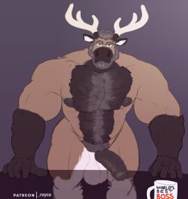 abs anthro antlers artist_name balls belly_hair biceps black_hair body_hair chest_hair container cup deer dominic_duvall foreskin fur genitals greying_hair hair hairy hi_res horn male mammal mature_male mug multicolored_body multicolored_fur muscular muscular_male new_world_deer nipples nude patreon patreon_logo pecs penis pubes reindeer rine serious solo uncircumcised