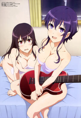 2girls ass_visible_from_the_front bare_arms bare_legs bare_shoulders bare_thighs barefoot big_breasts black_hair blush breasts cleavage covering_breasts electric_guitar feet female hyoudou_michiru kasumigaoka_utaha long_hair megami_magazine multiple_females multiple_girls naked_towel official_art on_bed open_mouth purple_eyes purple_hair red_eyes saenai_heroine_no_sodatekata smile tamura_satomi thighs towel towel_only wet_body wet_hair