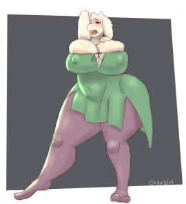 anthro belly big_breasts blush bovid breasts caprine cleavage cleavage_overflow clothed clothing dress erect_nipples_under_clothes female fully_clothed furry furry_only goat hi_res huge_breasts legwear mammal nipple_outline oliburgob open_mouth overflowing_breasts pantyhose pinup pose solo thick_thighs tight_clothing toriel undertale undertale_(series)