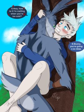 2boys 3:4 anal anal_sex anthro ass bite blue_body blue_eyes blue_fur blue_sky blush bunnymund clothed clothing dialogue digital_media_(artwork) dreamworks duo dustin_c easter_bunny easter_bunny_(rise_of_the_guardians) english_text fur gay gay_sex green_eyes hair hi_res hoodie human human_on_anthro in_heat interspecies jack_frost jack_frost_(rise_of_the_guardians) lagomorph leporid male male/male male_only male_penetrated male_penetrating male_penetrating_male mammal neck_bite nude open_mouth paramount_pictures penetration plant rabbit rise_of_the_guardians sex shrub simple_background sky smile tail text topwear tree white_hair