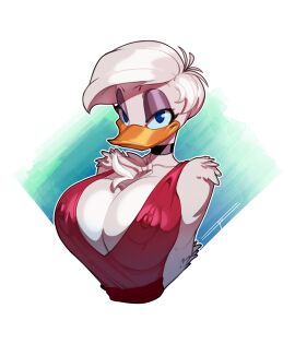 1girls 2018 2018s anatid anseriform anthro anthro_female anthrofied avian avian_female beak big_areola big_areolae big_breasts big_cleavage big_nipples bird black_choker blue_eyes breasts chest_tuft choker cleavage clothed clothing daisy_duck digital_media_(artwork) disney duck erect_nipples eyelashes eyeshadow feathers female female_anthro female_focus female_only furry furry_female glistening_eyelids half-closed_eyes hi_res huge_breasts jewelry lidded_eyes looking_at_viewer narrowed_eyes necklace nipple_outline nipples non-mammal_breasts quack_pack red_clothing red_shirt red_topwear see-through see-through_clothing shirt simple_background smile solo solo_female solo_focus taboolicious tuft white-haired_female white_background white_body white_feathers white_hair