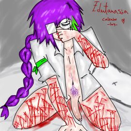 1boy blood_drip blood_in_mouth blood_stain cuts cuts_on_arms cuts_on_thighs edgy fhs fhsz3r0 fnafhs fnafhs_z3ro fnafhsrule34 fnafhsxxx gore guro light-skinned_male light_skin long_hair male owynn_(fnafhs) pale-skinned_male pale_skin penis penis_out pubic_hair purple_hair self_harm self_harm_fetish solo solo_focus solo_male