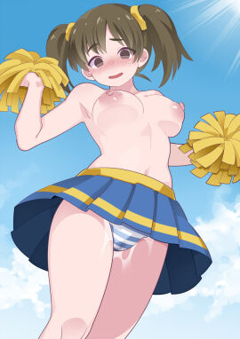 blue_skirt blue_sky breasts brown_eyes brown_hair cheerleader cloud commentary_request day female hammer_(sunset_beach) holding holding_pom_poms long_hair looking_at_viewer medium_breasts navel nipples original outdoors panties pleated_skirt pom_pom_(cheerleading) pussy pussy_juice short_hair skirt sky solo striped_clothes striped_panties sunlight topless twintails underwear