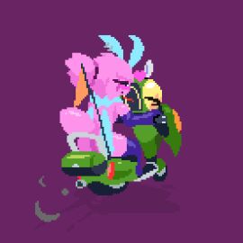 ambiguous_gender animated antennae_(anatomy) arthropod backfire digital_media_(artwork) duo emmie_(giik) exhaust female female/ambiguous furry giik green_body heart_symbol hearts_around_head insects lepidopteran living_machine living_vehicle low_res machine mantis moth no_artist_signature nonbinary_(lore) original pink_body pixel_(artwork) pixel_animation pixel_art suggestive vehicle wings