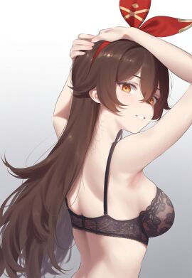 1girls 2024 amber_(genshin_impact) back back_view backboob big_breasts black_bra bra breasts brown_hair female female_focus female_only genshin_impact grey_background high_resolution highres hourglass_figure light-skinned_female light_skin long_hair looking_at_viewer mehlyru ribbon ribbon_in_hair simple_background smiling smiling_at_viewer solo solo_female solo_focus standing young younger_female