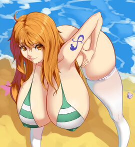 47_hard alternate_breast_size beach bikini bikini_top_only bottomless breasts cleavage convenient_arm convenient_censoring facing_viewer feet_out_of_frame female female_only hanging_breasts hard.d highres huge_breasts leaning_forward long_hair looking_at_viewer looking_up nami_(one_piece) ocean one_piece orange_eyes orange_hair outdoors sand shoulder_tattoo smile solo standing starfish striped_bikini striped_clothes swimsuit tagme tattoo white_legwear wide_hips