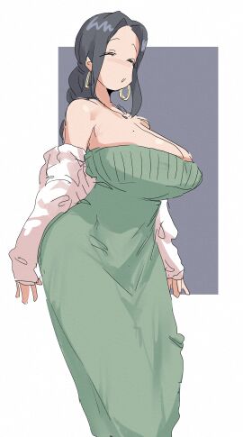 1girls beauty_mark black_hair braid braided_hair braided_ponytail breasts cardigan closed_eyes dress earrings female green_dress hoop_earrings large_breasts leebongchun long_dress mature mature_female milf mole mole_on_breast off_shoulder off_shoulder_dress older_female original original_character portrait sidelocks slit_eyes solo tube_dress white_cardigan