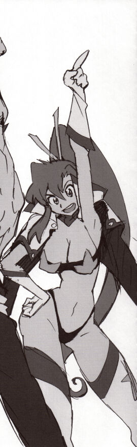 1girls 2000s absurdres breasts cleavage cropped curvy edited female gloves greyscale highres huge_breasts large_breasts monochrome official_art pointing ponytail smile space_yoko tengen_toppa_gurren_lagann thighs thong wide_hips yoko_littner
