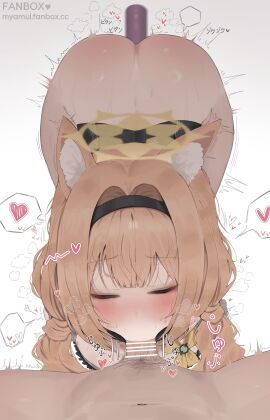 1boy 1girls :>= animal_ears ass blue_archive blunt_bangs blush bottomless closed_eyes dildo fanbox_username fellatio female hair_intakes halo heart highres light-skinned_female light-skinned_male light_skin male male_pov male_pubic_hair mari_(blue_archive) mari_(idol)_(blue_archive) myamul_(miamuly/myamul144) navel oral pov pubic_hair sex_toy sisterhood_(blue_archive) spoken_heart trinity_general_school_student