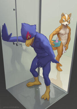 2024 3_toes 5_fingers 5_toes abs absurd_res ambiguous_penetration anthro athletic athletic_anthro athletic_male avian avian_feet beak biped bird black_nose blue_body blue_feathers blue_hair blue_tail_feathers bodily_fluids bottle breath canid canine caught container covering covering_self digital_media_(artwork) digital_painting_(artwork) duo falco_lombardi feathers feet fingers fox fox_mccloud fur green_eyes hair hi_res holding_object inside looking_at_another looking_down male male/male mammal masturbation multicolored_body multicolored_fur navel nintendo nipples nude open_mouth penetration plantigrade pngx_(artist) shadow shower standing star_fox sweat sweatdrop tail tail_feathers tan_body tan_fur text toes tongue towel two-tone_body two-tone_fur url whiskers yellow_beak yellow_body yellow_fur
