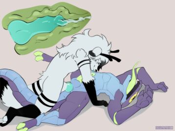 absurd_res anthro antlers ass axi_(character) balancing balls blue_body blue_penis blue_tongue bodily_fluids canid canine canis cum cum_in_ass cum_inside domestic_dog dominant duo feet genital_fluids genitals green_penis guaaxi hi_res horn inigo_(synth) internal knot looking_pleasured lying male male/male mammal nordic_sled_dog on_back penis purple_body raised_leg samoyed sex spitz synth_(vader-san) tail tongue tongue_out white_body