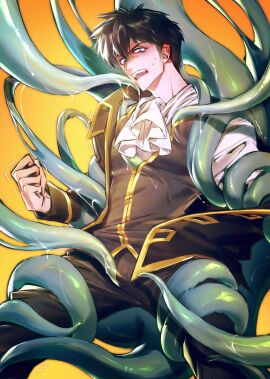 1boy black_hair canonical_scene fully_clothed gintama hijikata_toshiro male male_only muummuum nervous police_officer police_uniform restrained restrained_by_tentacles shinsengumi_(gintama) slime solo sweat sweatdrop tentacle tentacle_on_male