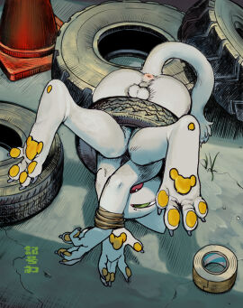 2018 4_toes 5_fingers anthro anus balls biped bondage bound claws cone detailed_background digital_media_(artwork) domestic_cat fangs feet felid feline felis fingers fluffy fluffy_balls fluffy_tail fur genitals green_eyes green_text hi_res hindpaw kigoh kigoh-neko male mammal nude open_mouth pawpads paws safety_cone sharp_teeth signature solo stuck tail tape tape_bondage teeth text tire toes traffic_cone upside-down white_balls white_body white_fur white_tail wrists_tied yellow_pawpads