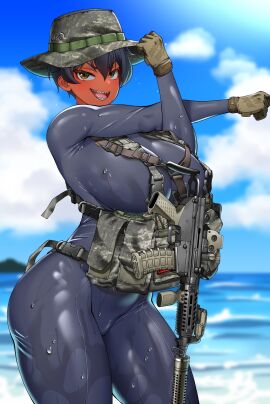 beach breasts female gun hitch_(hitch_driessen/perotoss400/kirochef) huge_breasts looking_at_viewer oc ocean rokmc_chan swimsuit tan_body thick_thighs tomboy