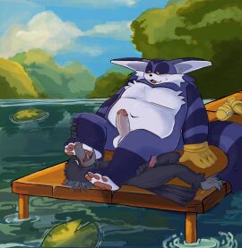 anthro avian balls belly big_the_cat bird black_body black_feathers blush bodily_fluids clothing corvid corvus_(genus) crow domestic_cat duo erection feathers feet felid feline felis foot_fetish foot_lick foot_play fur genital_fluids genitals gloves handwear hi_res lake licking male male/male mammal navel newtmoss oscine overweight passerine pawpads penis pier precum purple_body purple_fur sega sonic_(series) sonic_the_hedgehog_(series) tongue