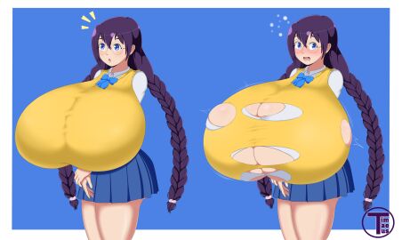 1girls artist_name black_hair blue_background blush braid braided_hair breast_expansion breast_growth breast_growth_(enlargement) breasts breasts_bigger_than_head breasts_bigger_than_torso clothing female female_focus female_only flustered gigantic_breasts glasses hyper hyper_breasts original original_character ripped_clothing simple_background skindentation skirt someone_else's_oc standing timaeus twin_braids v_arms