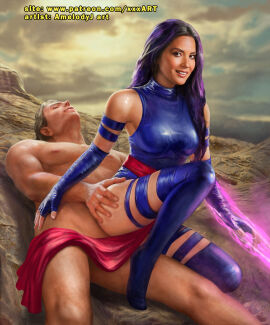 1boy 1girls amelodyj female male marvel marvel_comics olivia_munn psylocke_(kwannon) purple_hair x-men x-men:_apocalypse
