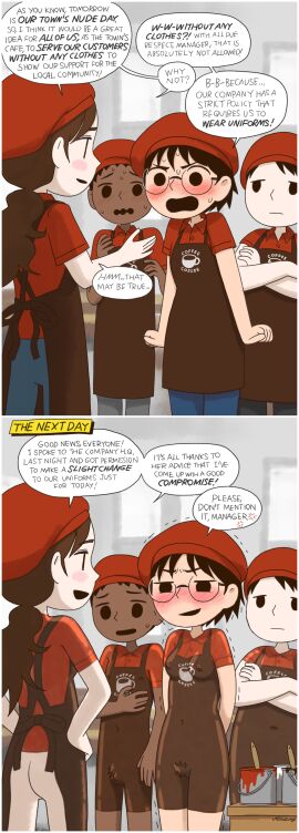 2girls anger_vein angry apron ass bangs black_hair blush blushing_profusely bodypaint both_sexes_in_same_situation breasts brown_hair collared_shirt comic embarrassed employee_uniform female funny glasses hands_behind_back humor long_hair medium_breasts multiple_females multiple_girls naked navel nekobungi nipples nude painted_clothes ponytail pubic_hair pussy shaking short_hair speech_bubble standing sweatdrop tagme uniform