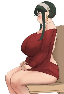 1girls bare_shoulders black_hair blush breasts earrings female female_only from_side hoop_earrings huge_breasts jewelry long_hair red_eyes sitting solo spy_x_family sweater tagme thighs xx682567 yor_briar yor_forger