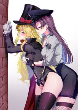 2girls against_wall arrest black_cloak black_gloves black_hat black_jacket black_leotard black_skirt black_thighhighs blonde_hair blush boots bow bowtie breast_press breasts brick_wall brown_eyes brown_hair cleavage cloak commission cuffs female fingering fingerless_gloves fishnet_thighhighs fishnets from_side gloves grabbing_another's_breast grabbing_from_behind green_eyes grey_shirt grey_vest groping handcuffs hat highres jacket leotard leotard_under_clothes long_hair meu203 molestation multiple_females multiple_girls original phantom_thief phantom_thief_(kkmomo67) police police_hat police_uniform policewoman red_bow red_bowtie red_cloak shirt skeb_commission skirt smile thigh_boots thighhighs thighs top_hat two-sided_cloak two-sided_fabric unbuttoned unbuttoned_shirt vest white_gloves white_shirt yuri zettai_ryouiki