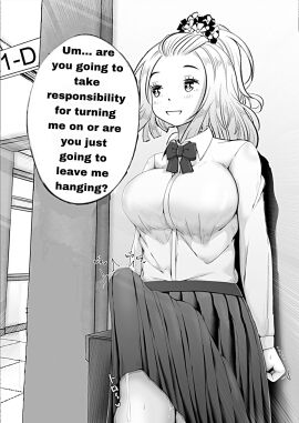 1futa bad_photoshop big_penis black_and_white blonde_hair bowtie breasts classroom clothed clothing cum dialogue dickgirl english_text erection fully_clothed futa_only futanari greyscale gyaru hair_ribbon hibino_misuzu huge_cock human intersex medium_breasts monochrome offscreen_character penis pov precum skirt solo standing text third-party_edit yankee_jk_kuzuhana_chan
