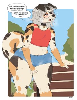 anthro anthro_only blush bodily_fluids bottomwear canid canine canis choker clothed clothing crop_top dialogue domestic_dog ear_piercing ear_ring eyewear female flat_chested floppy_ears fur genital_fluids glasses grey_hair hair hi_res hotpants in_heat jewelry mammal midriff multicolored_body multicolored_fur necklace outside park piercing pussy pussy_juice_through_clothing ring_piercing roly round_glasses shirt shorts solo speech_bubble tail thick_thighs topwear vaginal_fluids wet wet_clothing wide_hips
