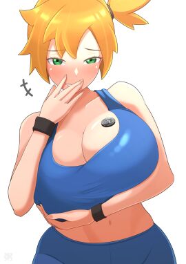 alternate_breast_size asymmetrical_hair big_breasts blush breasts chilledporridge cleavage creatures_(company) denim female female_focus game_freak green_eyes gym_leader highres huge_breasts kasumi_(pokemon) large_breasts looking_at_viewer misty's_coin_flip_(meme) navel nintendo orange_hair pants pokemon pokemon_frlg pokemon_rgby ponytail shirt short_hair shorts side_ponytail smile solo tank_top thick_thighs thighs wide_hips wristband