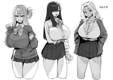 3girls blonde_hair bow bowtie breasts cellphone cleavage cropped_legs dark-skinned_female dark_skin female frown greyscale grin gyaru highres holding holding_phone hotate-chan huge_breasts long_hair monochrome multiple_females multiple_girls one_side_up open_mouth original parted_bangs partially_unbuttoned phone pleated_skirt shirt skirt smartphone smile unbuttoned unbuttoned_shirt