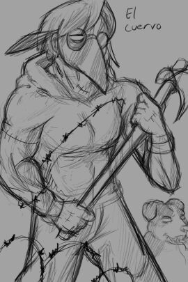 axe barbwire buff canine hoodie male muscular muscular_body muscular_male pants plague_doctor_mask rose_dax rosededax self_insert spanish_text stitches