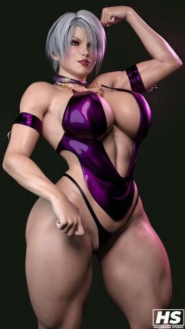 1girls 3d armband arms_behind_head artist_signature ass big_ass big_breasts big_hips big_thighs black_panties black_underwear breasts busty cameltoe cleavage clothes deep_cleavage female female_only flexing flexing_bicep hagiwara_studio hair_over_one_eye human human_only isabella_valentine looking_at_viewer looking_away neckwear no_pants panties pantsless purple_topwear pussy short_hair simple_background solo solo_female soul_calibur standing thick_thighs three-quarter_portrait three-quarter_view underwear white_hair