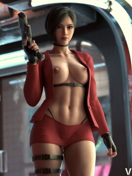 1girls 2025 3d ada_wong ada_wong_(adriana) areolae big_breasts biohazard black_hair breasts breasts_out brown_eyes choker detailed_background eyeshadow female female_abs female_only female_torso fingerless_gloves front_view g-string g-string_exposed highleg_g-string highleg_underwear holding_gun holding_weapon indoors jacket jacket_only jacket_open legs_apart lipstick looking_at_viewer miniskirt navel nipples panties_exposed purple_eyeshadow purple_lipstick resident_evil resident_evil_2 resident_evil_2_remake resident_evil_4 resident_evil_4_remake short_hair short_skirt skirt solo standing thigh_straps underboob_strap vyse_red