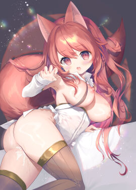 after_sex amanagi_seiji animal_ears ass black_thighhighs breasts claw_pose comiket_106 commentary_request cum cum_in_pussy cute_fang detached_sleeves dress female fox_ears fox_tail gold_trim grey_background hair_between_eyes highres large_breasts long_hair looking_at_viewer nipples open_mouth original pussy red_eyes red_hair sidelocks skin_fang tail thighhighs twisted_torso white_dress