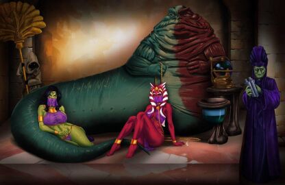 2girls amenoosa anklet armlet belly_dancer belly_dancer_outfit bocas_top bracelet breasts dancer dancer_outfit female green_skin harem harem_girl harem_outfit hutt large_breasts loincloth mirialan neimoidian original_characters red_skin see-through_clothing slave slave_collar slave_girl slave_outfit star_wars togruta veil voluptuous