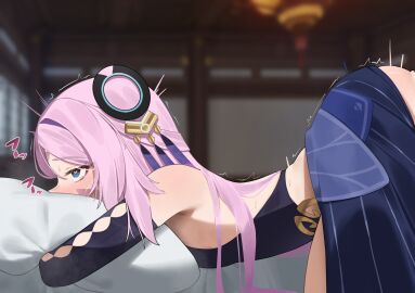 ass_ripple blue_eyes blush braid breasts citlali_(genshin_impact) face_in_pillow facial_mark female flasso genshin_impact highres hugging_object implied_sex long_hair out-of-frame_censoring pillow pink_hair sex sex_from_behind small_breasts straight twitching