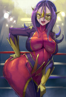 ass breasts droite_(yu-gi-oh!_zexal) female hips huge_breasts kazo looking_at_viewer pose purple_hair smile suit thick_ass thick_thighs wrestler yu-gi-oh! yu-gi-oh!_zexal